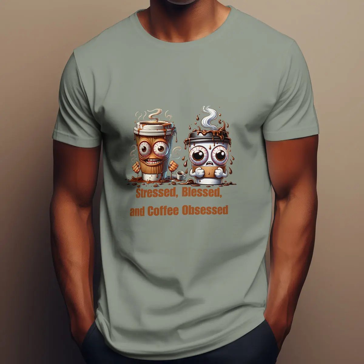 Stressed Blessed and Coffee Obsessed Shirt – Funny Coffee Lover T-Shirt, Caffeine Addict Tee, Cute Coffee Gift for Him Printify