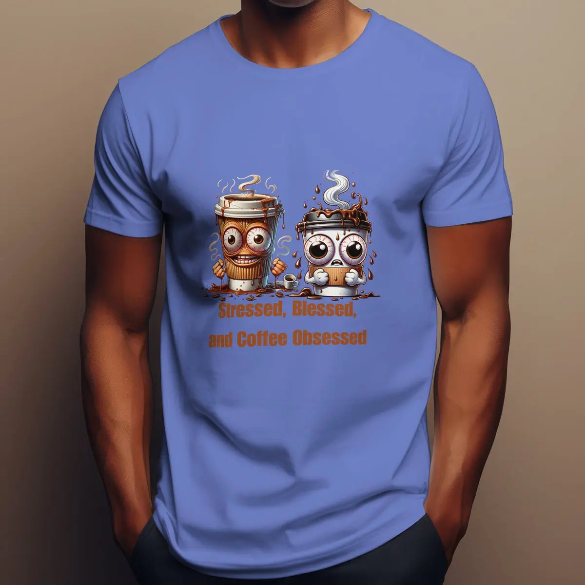 Stressed Blessed and Coffee Obsessed Shirt – Funny Coffee Lover T-Shirt, Caffeine Addict Tee, Cute Coffee Gift for Him Printify