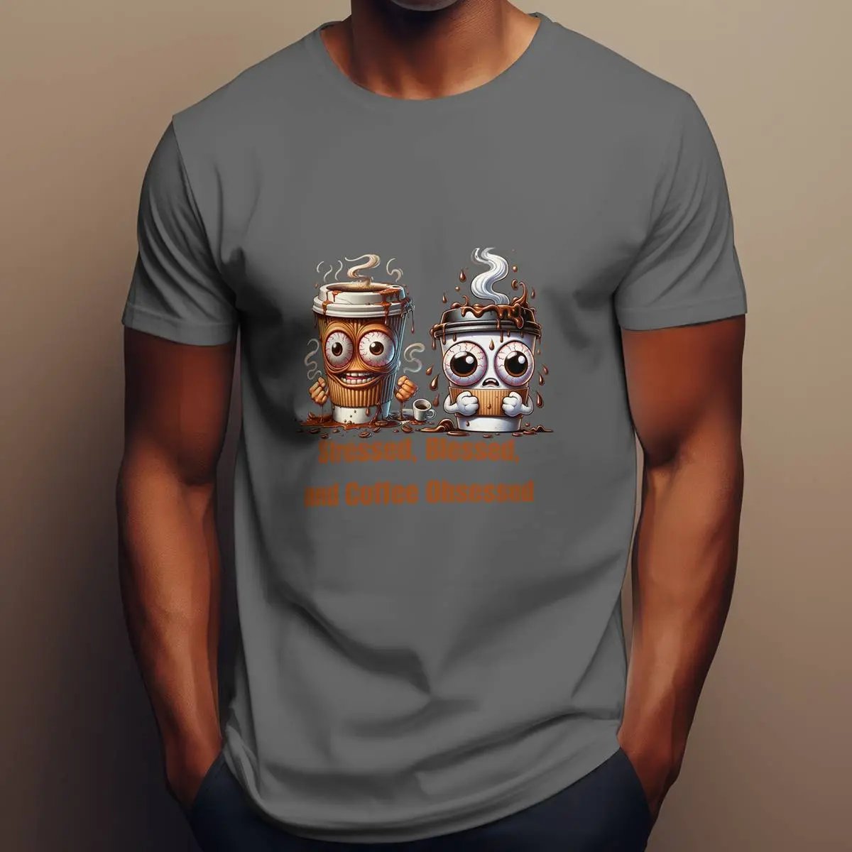 Stressed Blessed and Coffee Obsessed Shirt – Funny Coffee Lover T-Shirt, Caffeine Addict Tee, Cute Coffee Gift for Him Printify