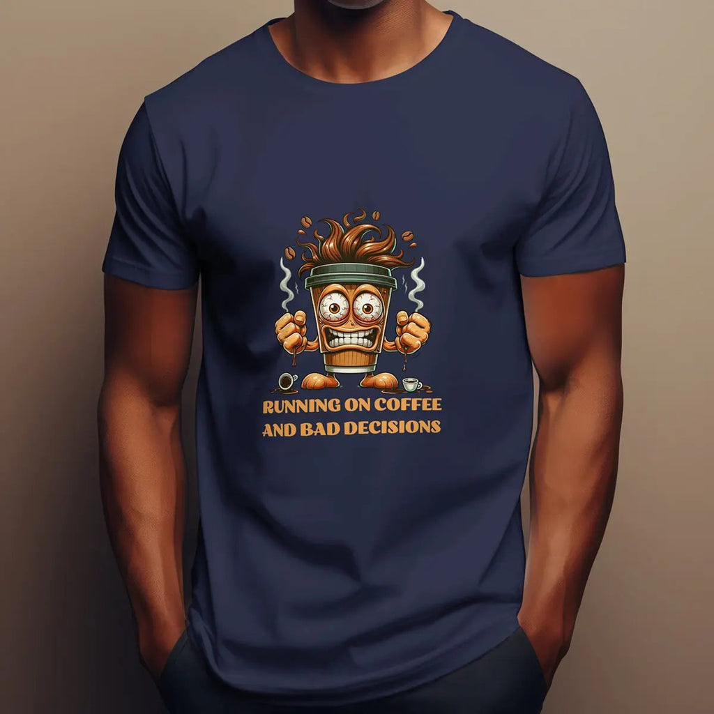 Running on Coffee and Bad Decisions Shirt – Funny Caffeine Lover T-Shirt, Sarcastic Coffee Tee, Gift for Coffee Addicts & Humor Fans Printify