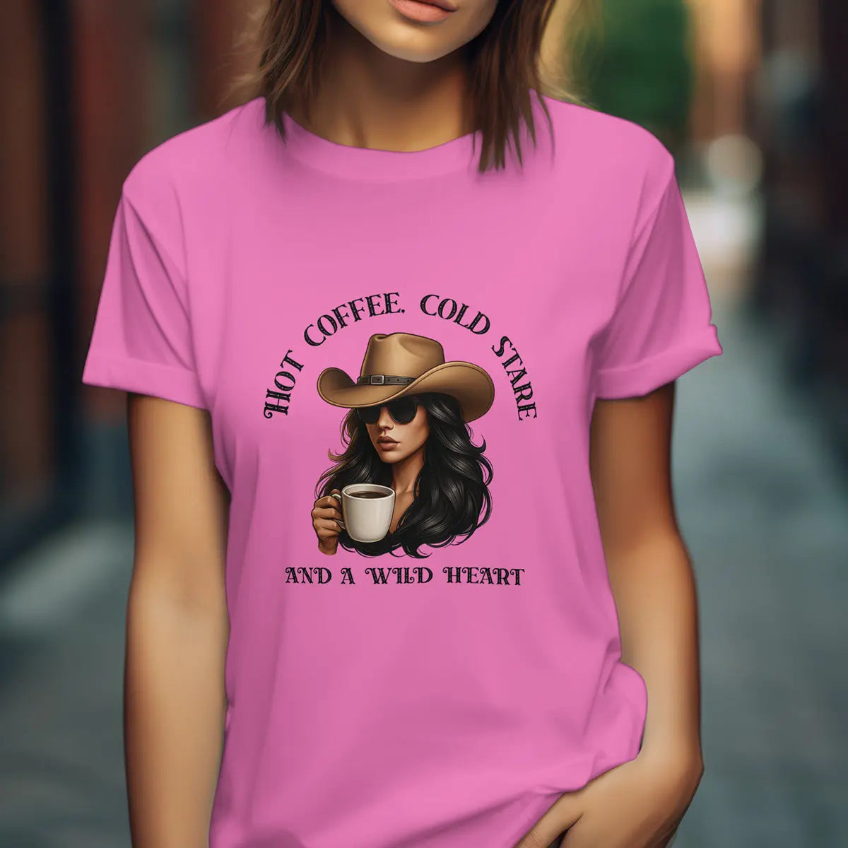 Hot Coffee Cold Stare and a Wild Heart Shirt – Western Cowgirl Coffee Lover Tee, Country Girl Graphic Shirt, Sassy Rodeo Gift Printify