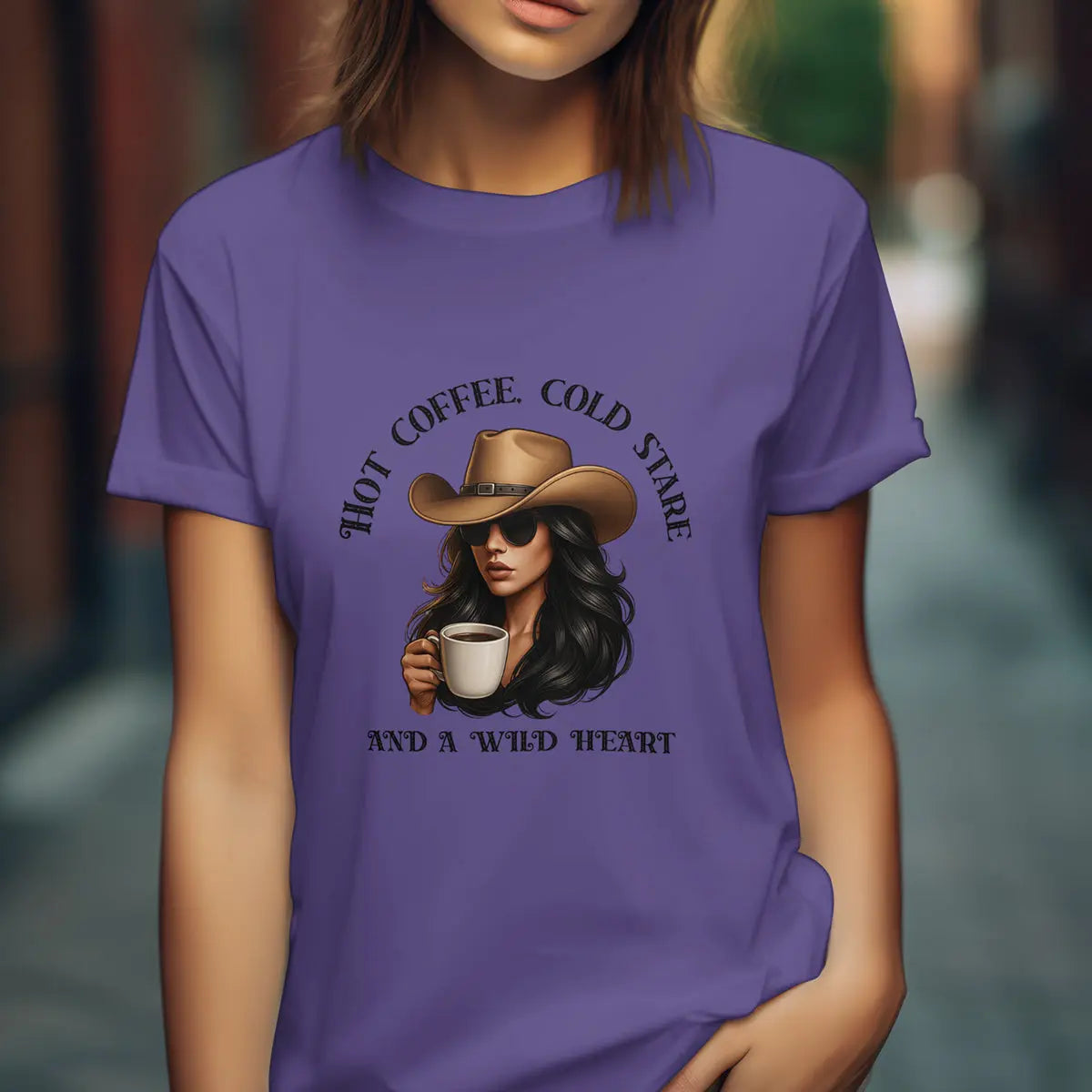 Hot Coffee Cold Stare and a Wild Heart Shirt – Western Cowgirl Coffee Lover Tee, Country Girl Graphic Shirt, Sassy Rodeo Gift Printify