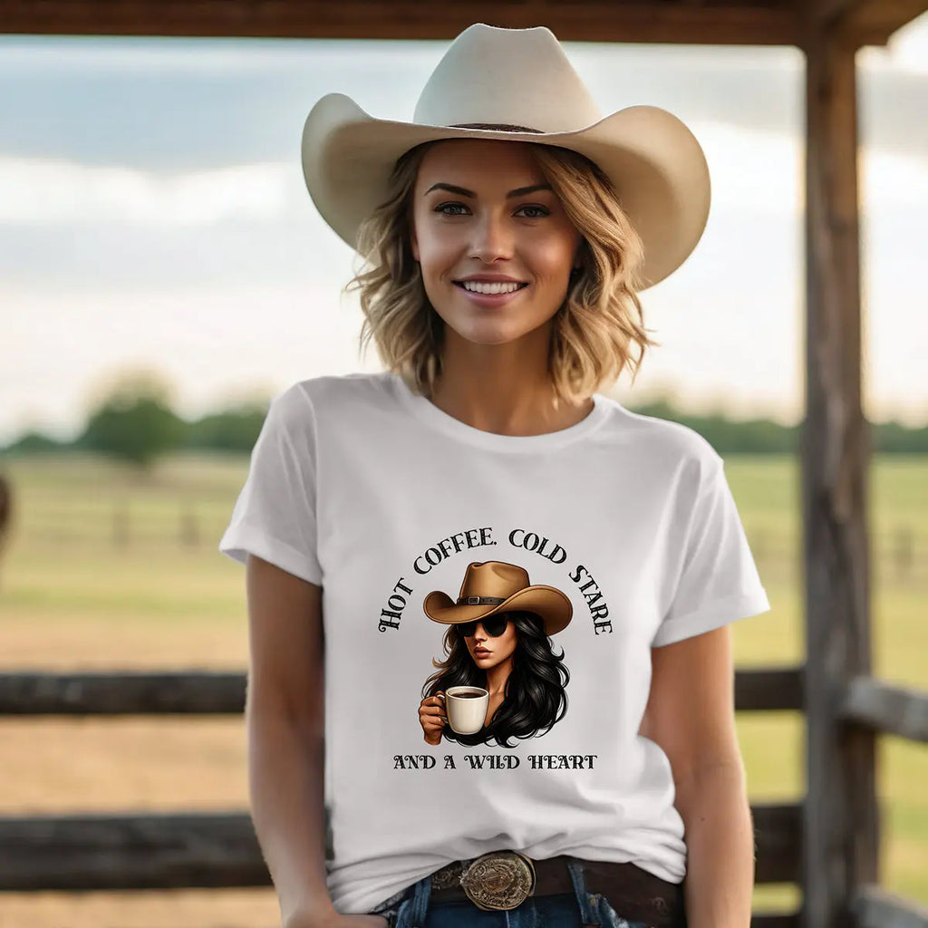 Hot Coffee Cold Stare and a Wild Heart Shirt – Western Cowgirl Coffee Lover Tee, Country Girl Graphic Shirt, Sassy Rodeo Gift Printify