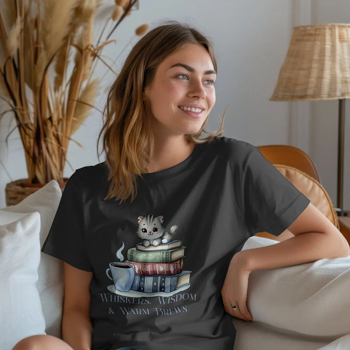 Whiskers Wisdom & Warm Brews Shirt – Cute Cat Coffee Lover Tee, Bookworm Cozy Reading T-Shirt, Cat Mom Gift for Caffeine Lovers Printify