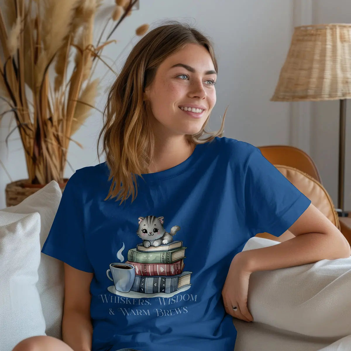 Whiskers Wisdom & Warm Brews Shirt – Cute Cat Coffee Lover Tee, Bookworm Cozy Reading T-Shirt, Cat Mom Gift for Caffeine Lovers Printify