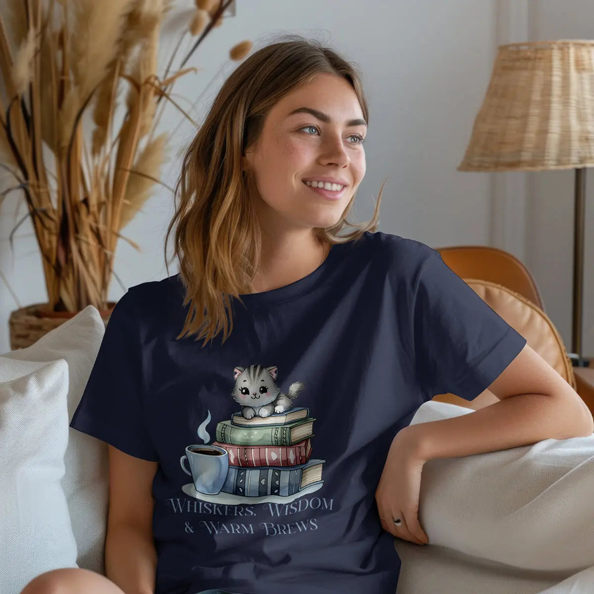 Whiskers Wisdom & Warm Brews Shirt – Cute Cat Coffee Lover Tee, Bookworm Cozy Reading T-Shirt, Cat Mom Gift for Caffeine Lovers Printify