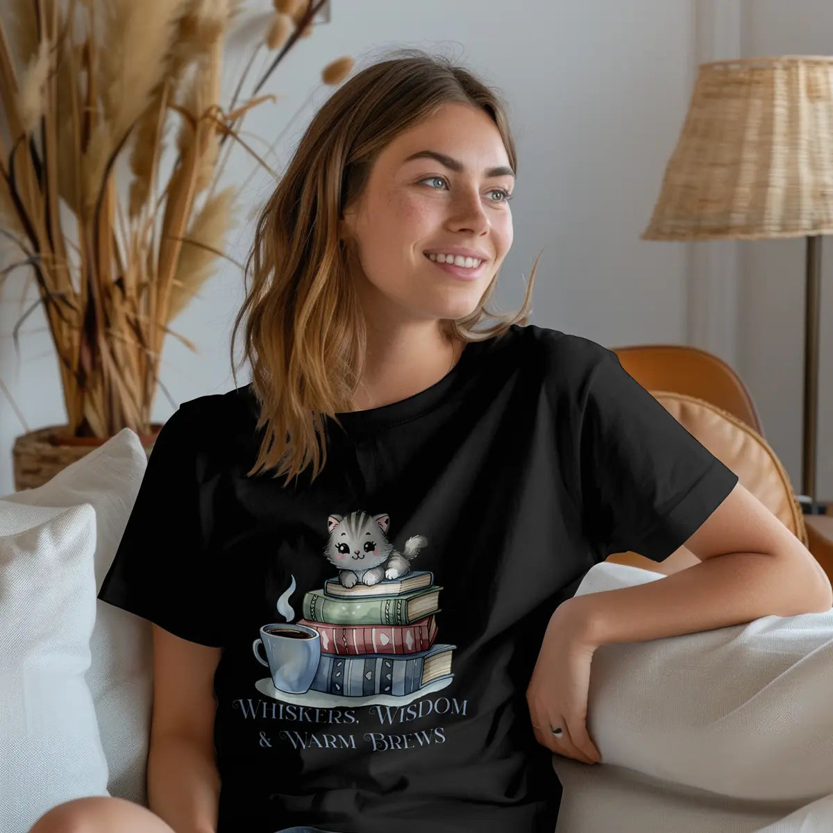 Whiskers Wisdom & Warm Brews Shirt – Cute Cat Coffee Lover Tee, Bookworm Cozy Reading T-Shirt, Cat Mom Gift for Caffeine Lovers Printify