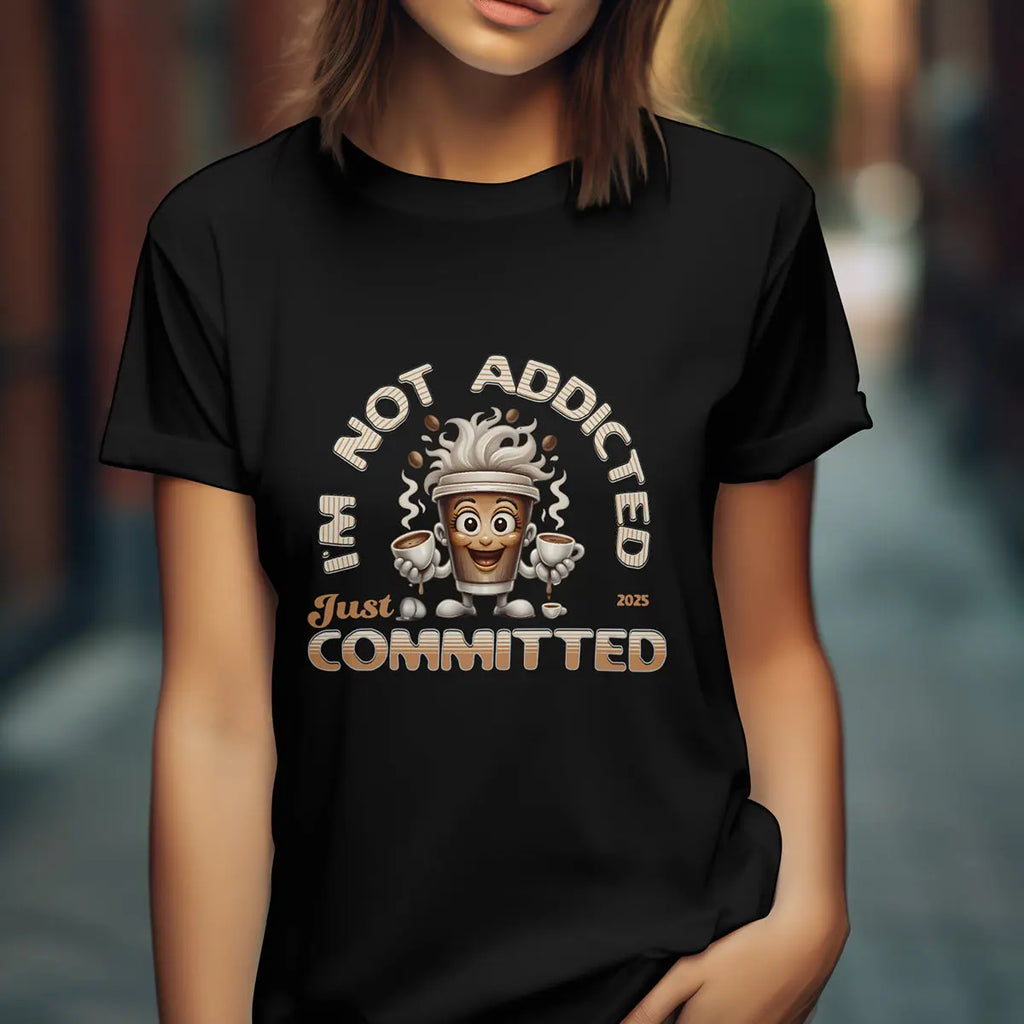 Not Addicted Just Committed Shirt – Funny Coffee Lover Tee, Caffeine Addict Humor T-Shirt, Barista Gift for Coffee Drinkers Printify