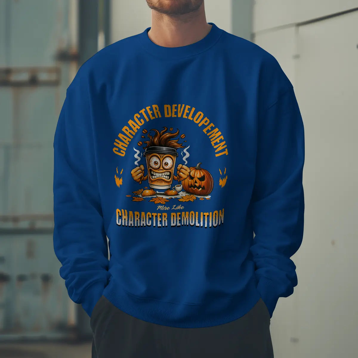 Character Demolition Sweatshirt - Funny Coffee To Go Cup Fall Sweatshirt Printify