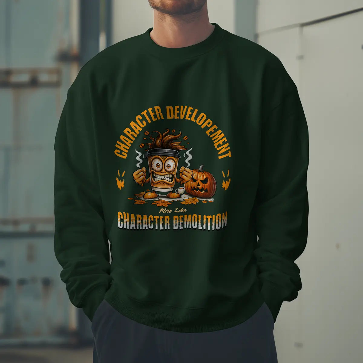 Character Demolition Sweatshirt - Funny Coffee To Go Cup Fall Sweatshirt Printify