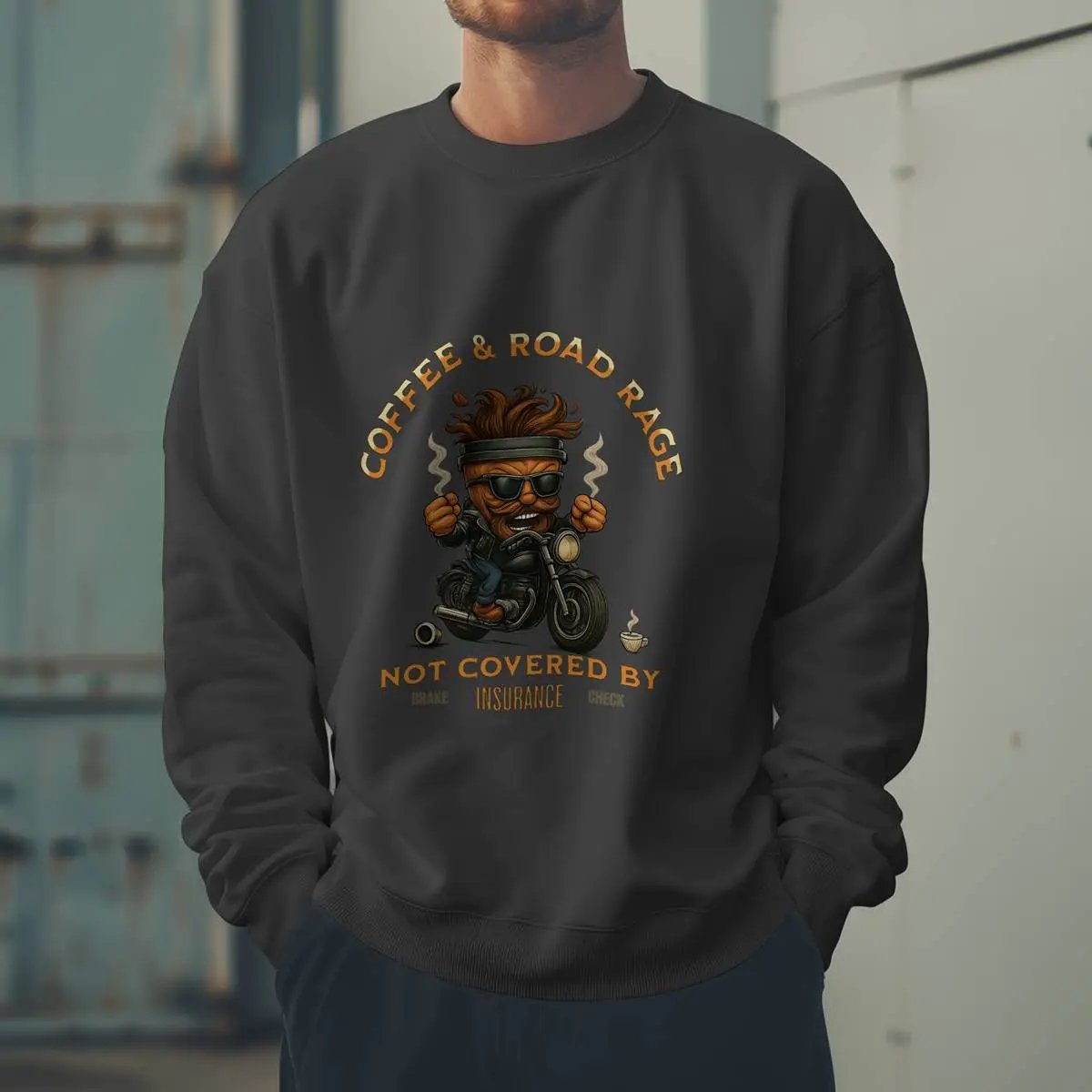 Coffee & Road Rage Sweatshirt - Funny To Go Cup on Motorcycle Coffee Sweatshirt Printify