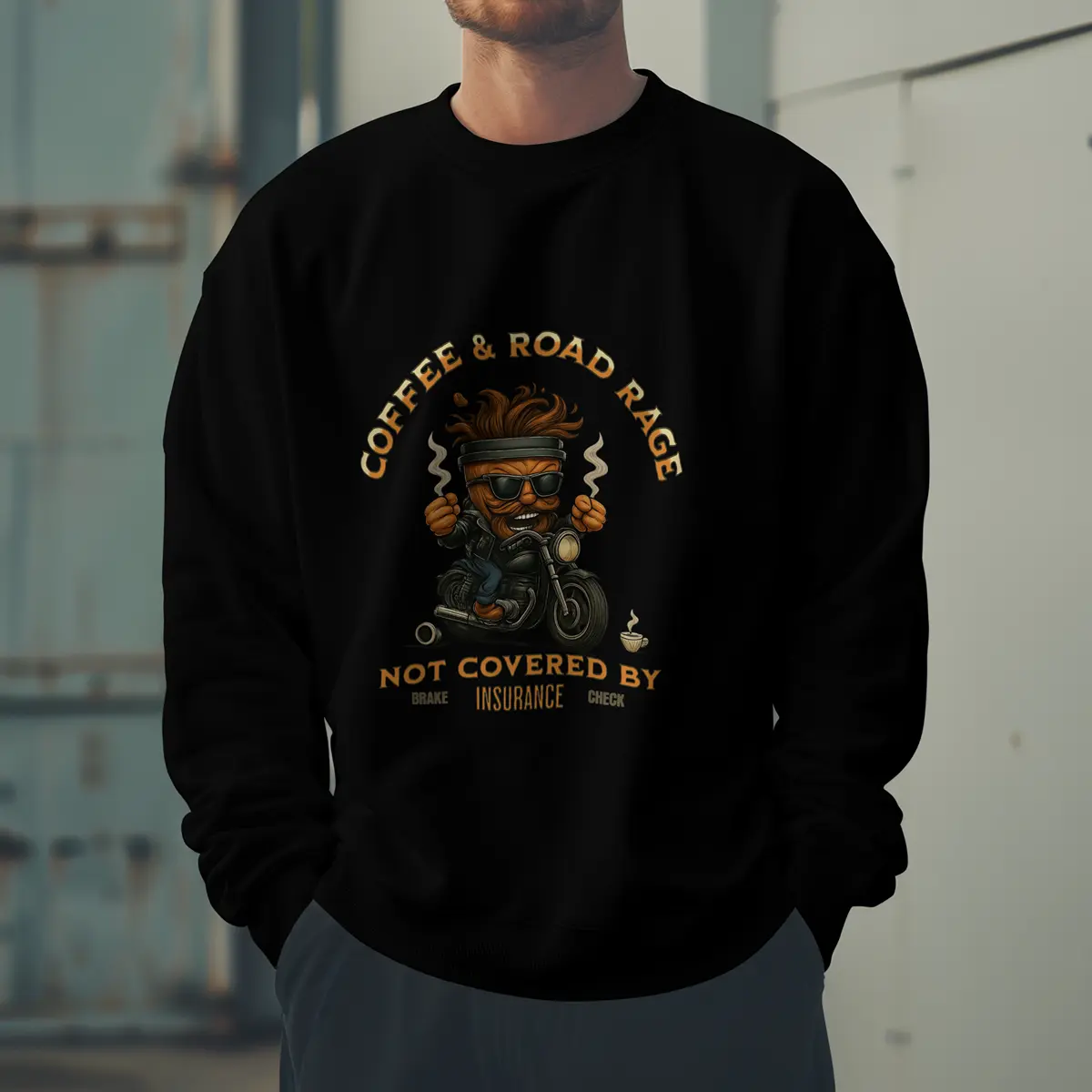 Coffee & Road Rage Sweatshirt - Funny To Go Cup on Motorcycle Coffee Sweatshirt Printify