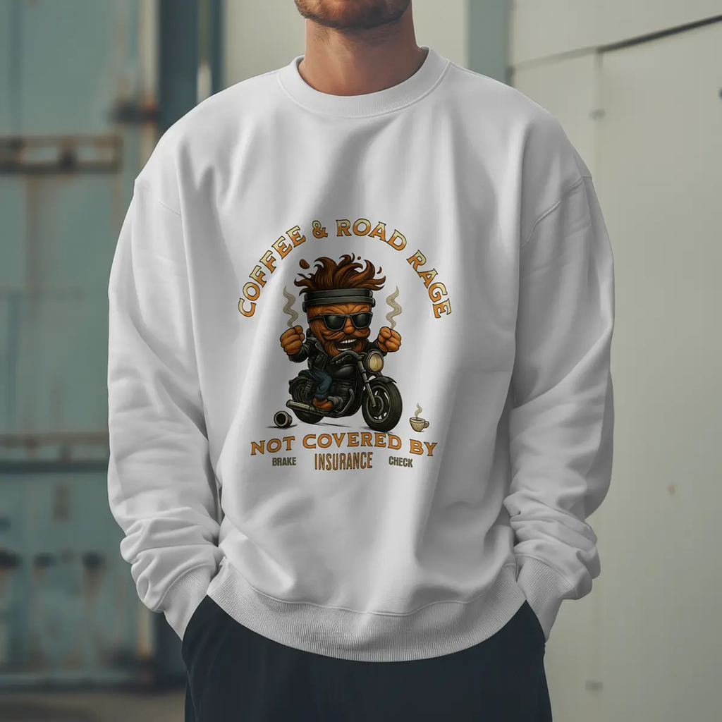 Coffee & Road Rage Sweatshirt - Funny To Go Cup on Motorcycle Coffee Sweatshirt Printify