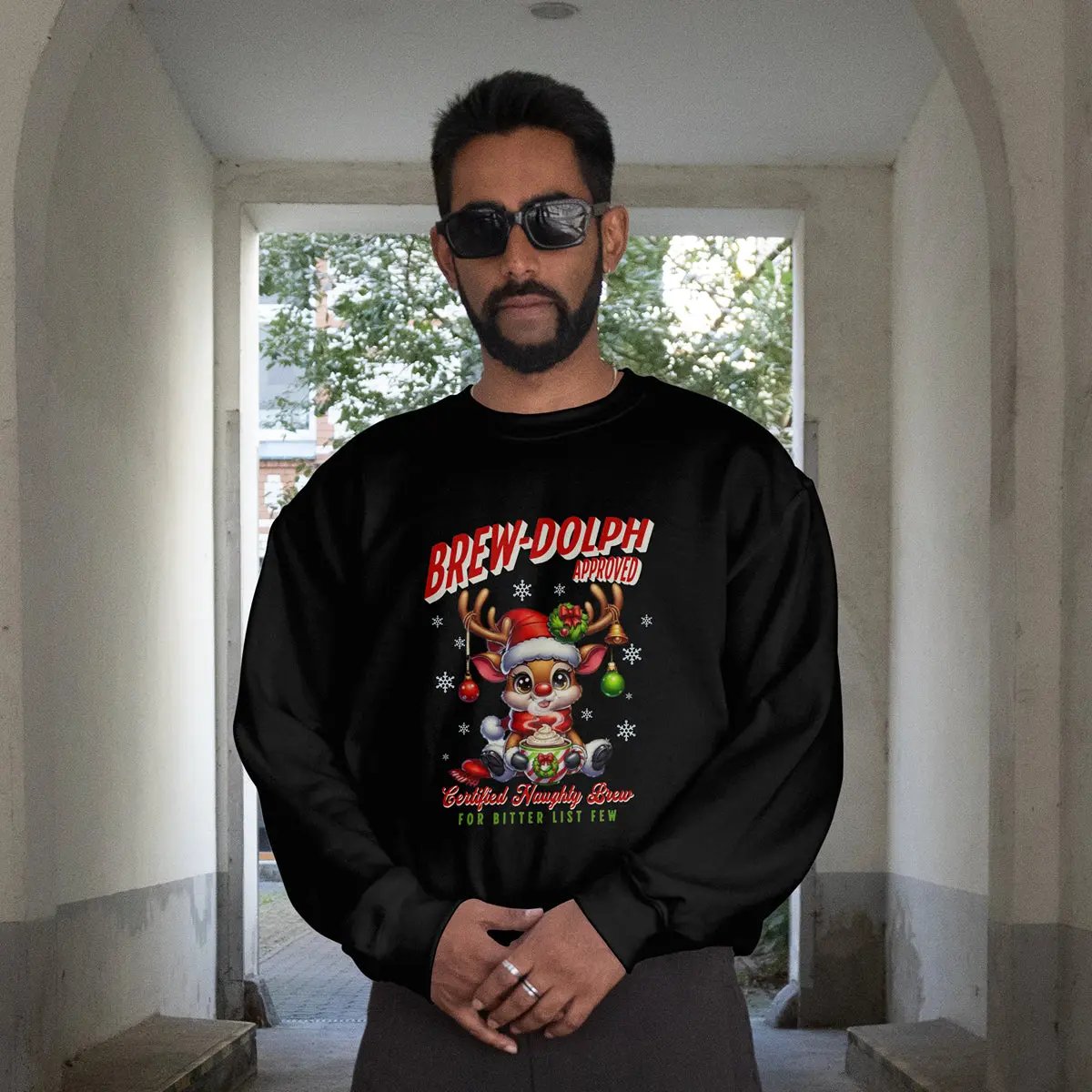 Brew-Dolph Christmas Sweatshirt — Cute Reindeer Holiday Crewneck (Gingerbread & Cocoa) Printify