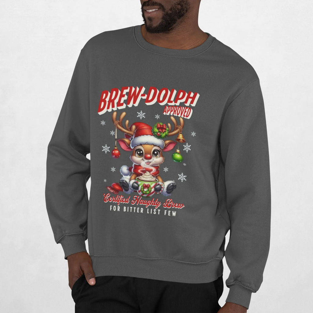Brew-Dolph Christmas Sweatshirt — Cute Reindeer Holiday Crewneck (Gingerbread & Cocoa) Printify