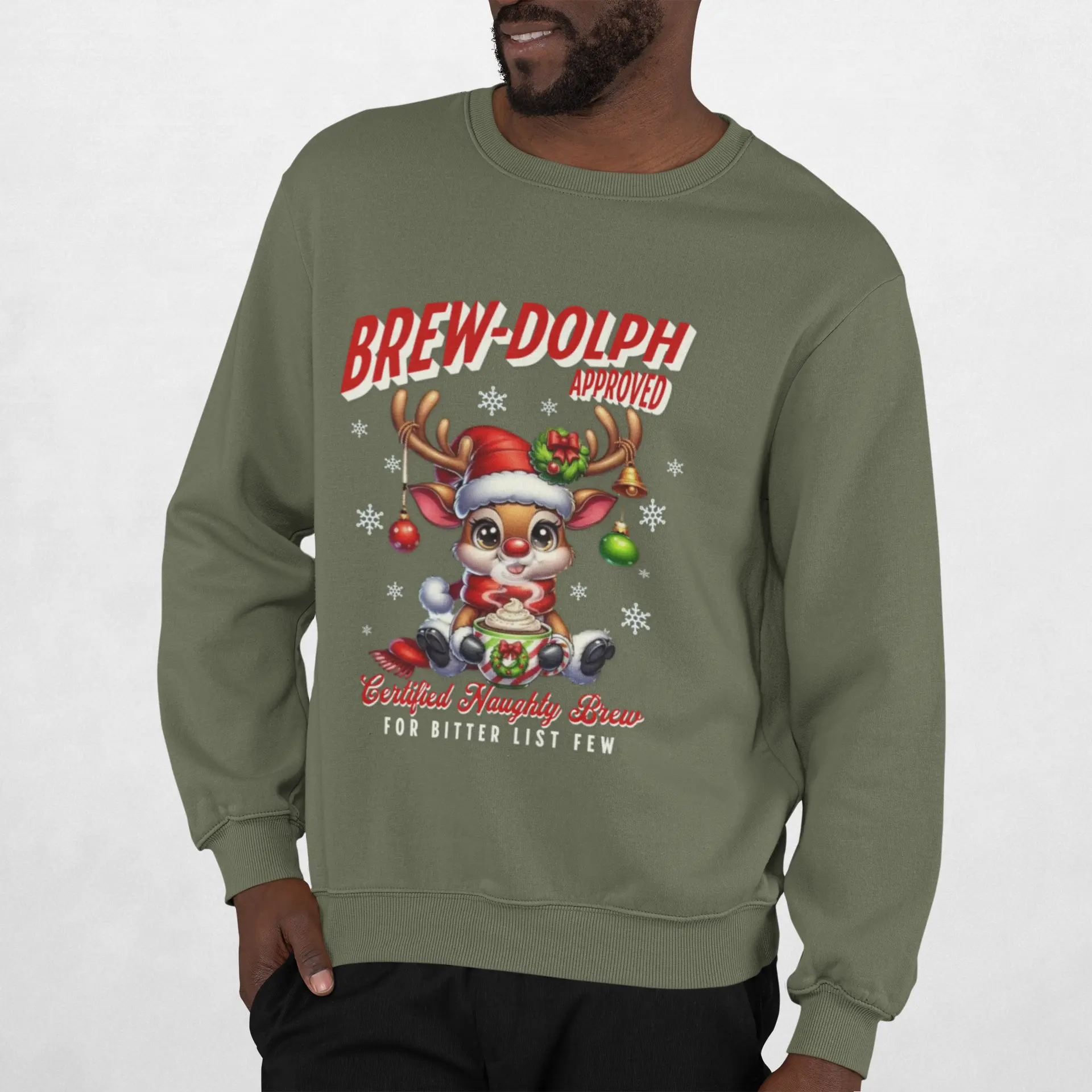 Brew-Dolph Christmas Sweatshirt — Cute Reindeer Holiday Crewneck (Gingerbread & Cocoa) Printify