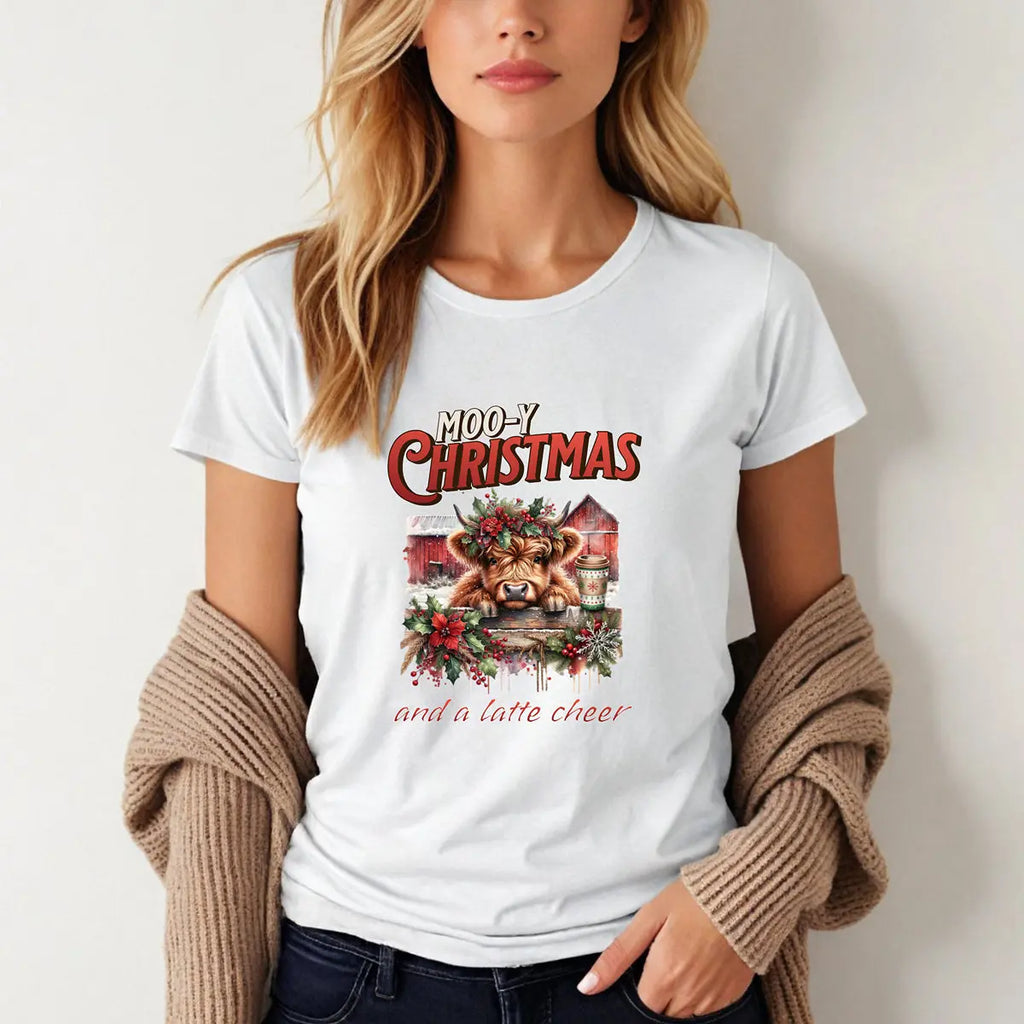 Mooy Christmas Tee - Cute Christmas Cow Latte Cheer Woman's T-Shirt Printify