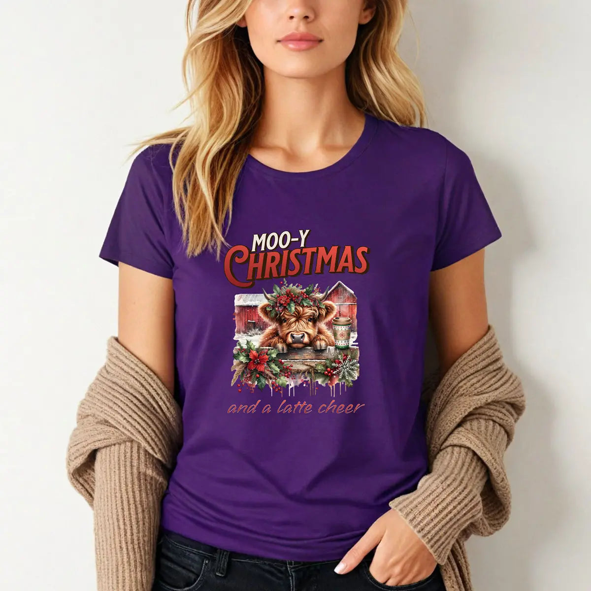 Mooy Christmas Tee - Cute Christmas Cow Latte Cheer Woman's T-Shirt Printify