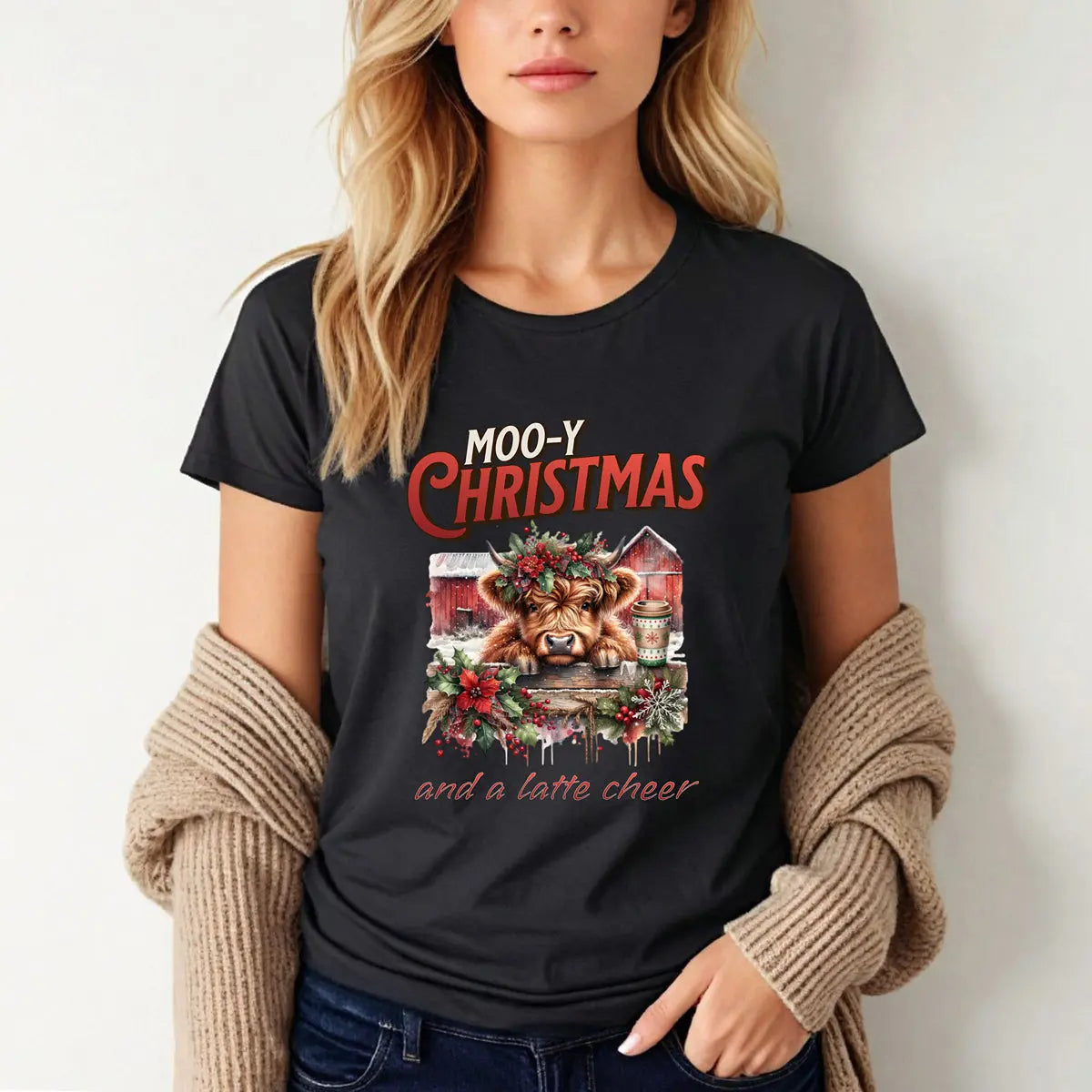 Mooy Christmas Tee - Cute Christmas Cow Latte Cheer Woman's T-Shirt Printify