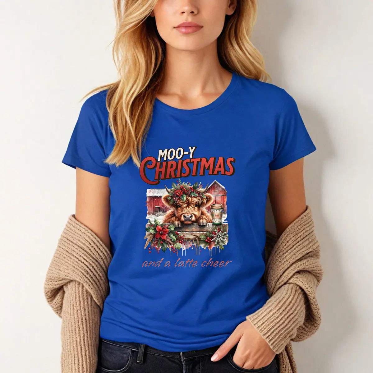 Mooy Christmas Tee - Cute Christmas Cow Latte Cheer Woman's T-Shirt Printify