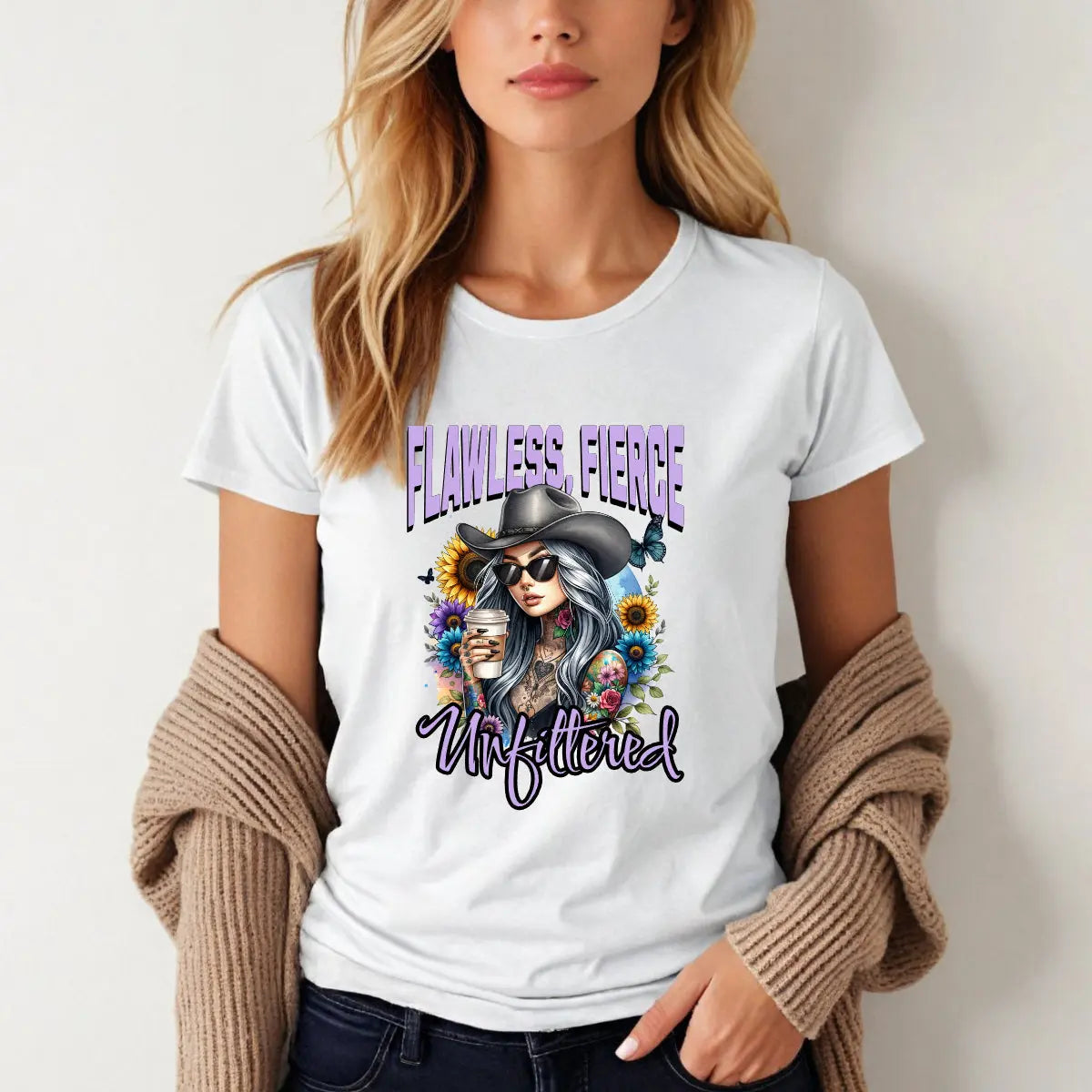 Unfiltered T-shirt - Sassy woman with cowboy hat and coffee surrounded by sunflowers Printify