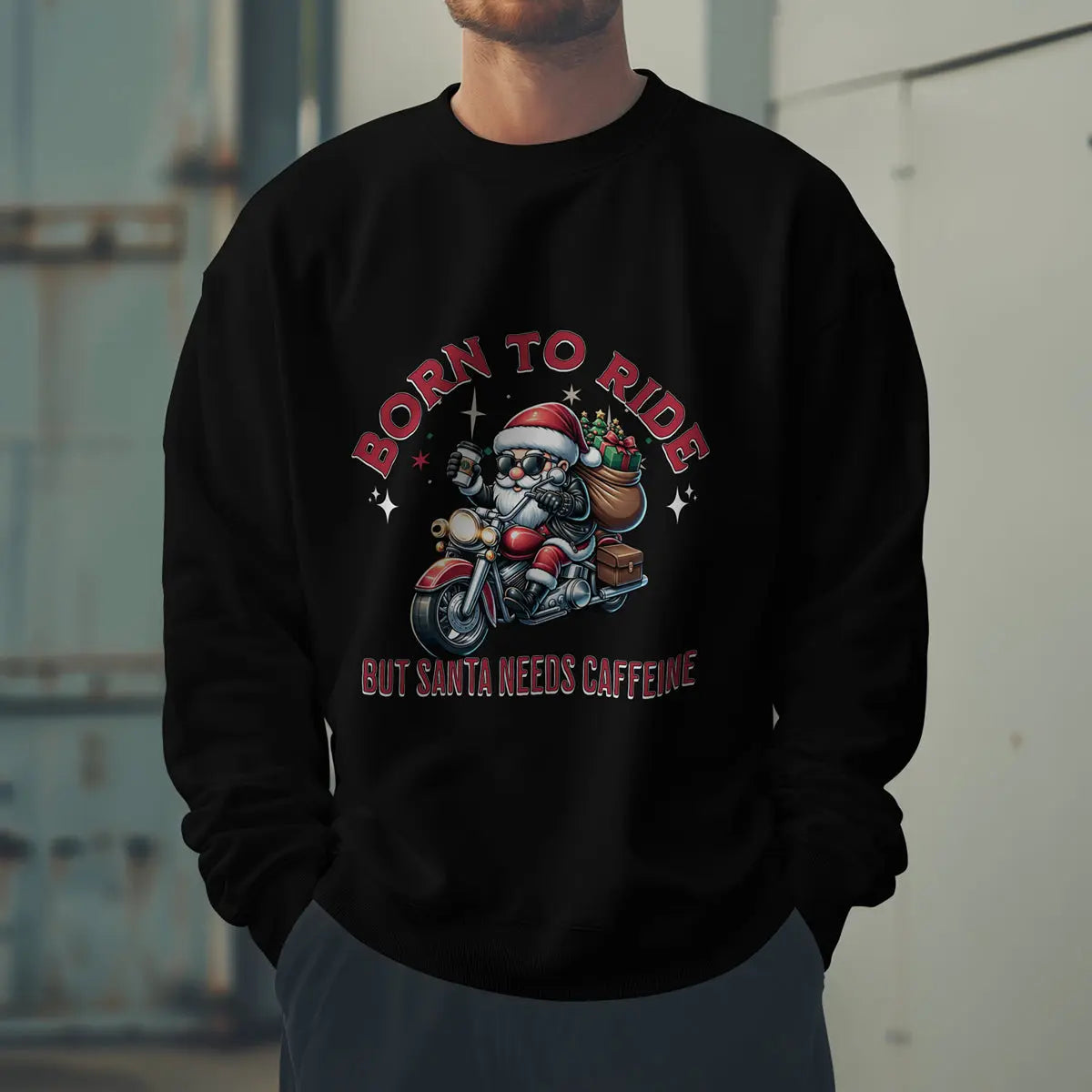 Born to Ride Sweatshirt - Santa on motorcycle holding coffee Christmas Shirt - Boldly Bitter Company