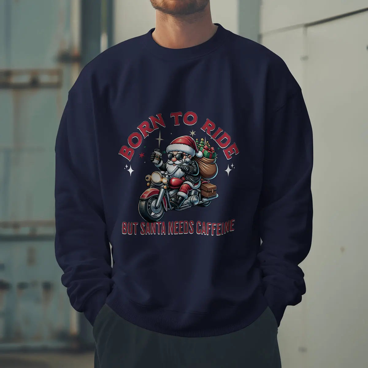 Born to Ride Sweatshirt - Santa on motorcycle holding coffee Christmas Shirt - Boldly Bitter Company