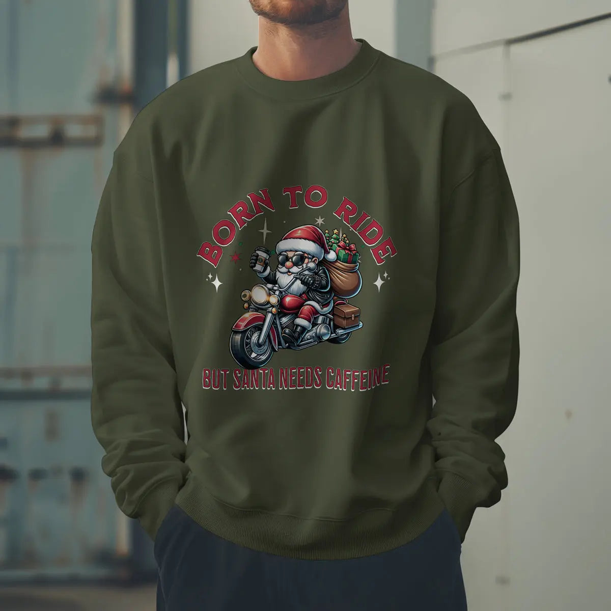 Born to Ride Sweatshirt - Santa on motorcycle holding coffee Christmas Shirt - Boldly Bitter Company