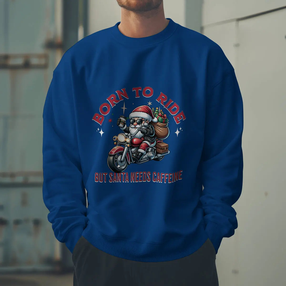 Born to Ride Sweatshirt - Santa on motorcycle holding coffee Christmas Shirt - Boldly Bitter Company