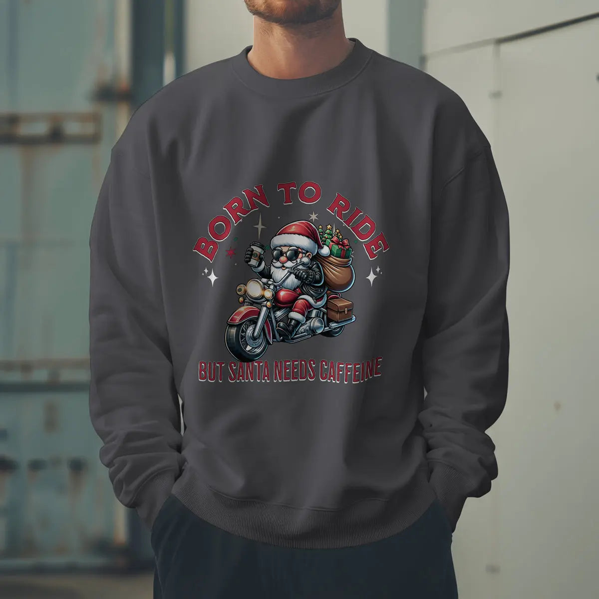Born to Ride Sweatshirt - Santa on motorcycle holding coffee Christmas Shirt - Boldly Bitter Company