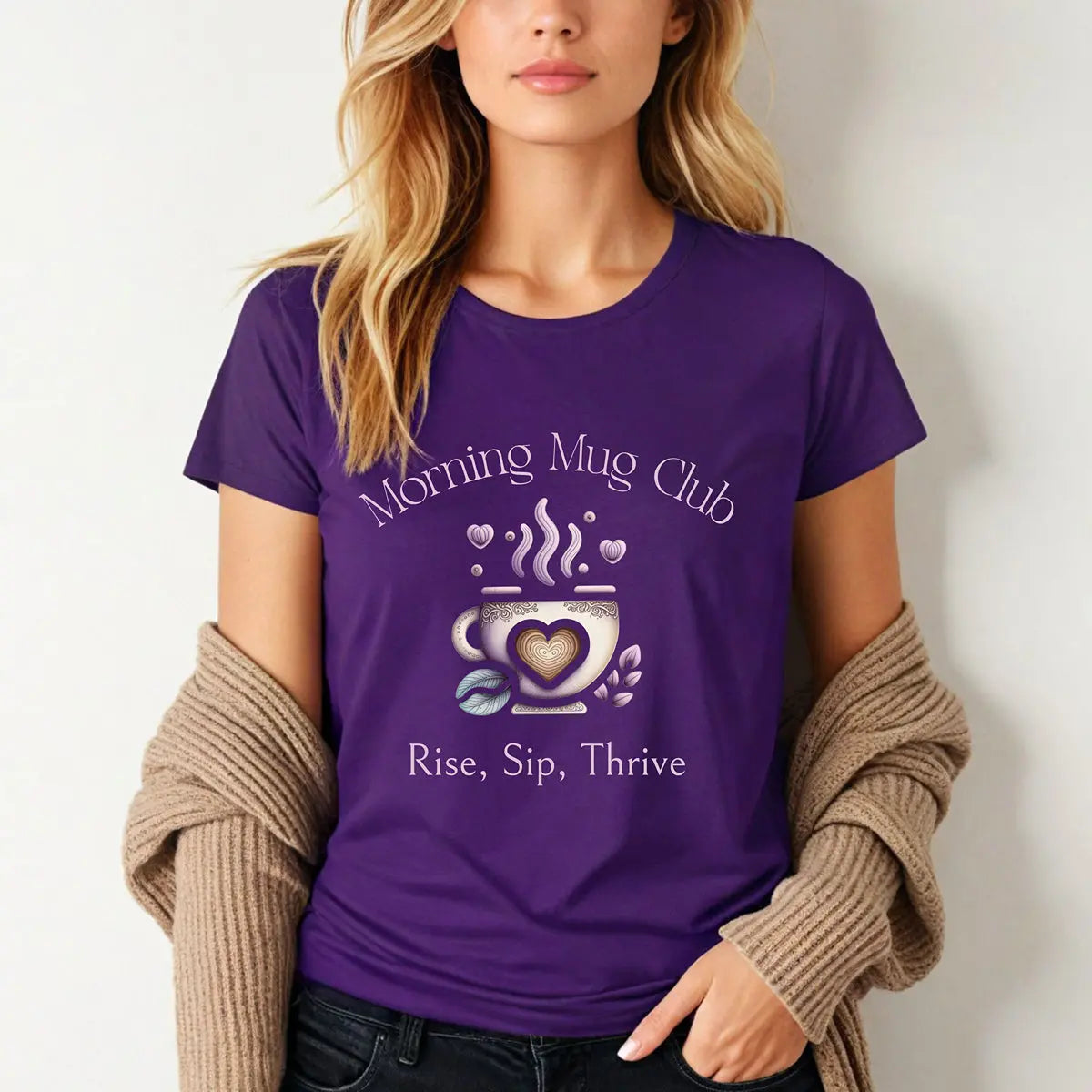 Rise, Sip, Thrive T-shirt - Morning Mug Club - Boho Style Coffee Mug Tee Printify