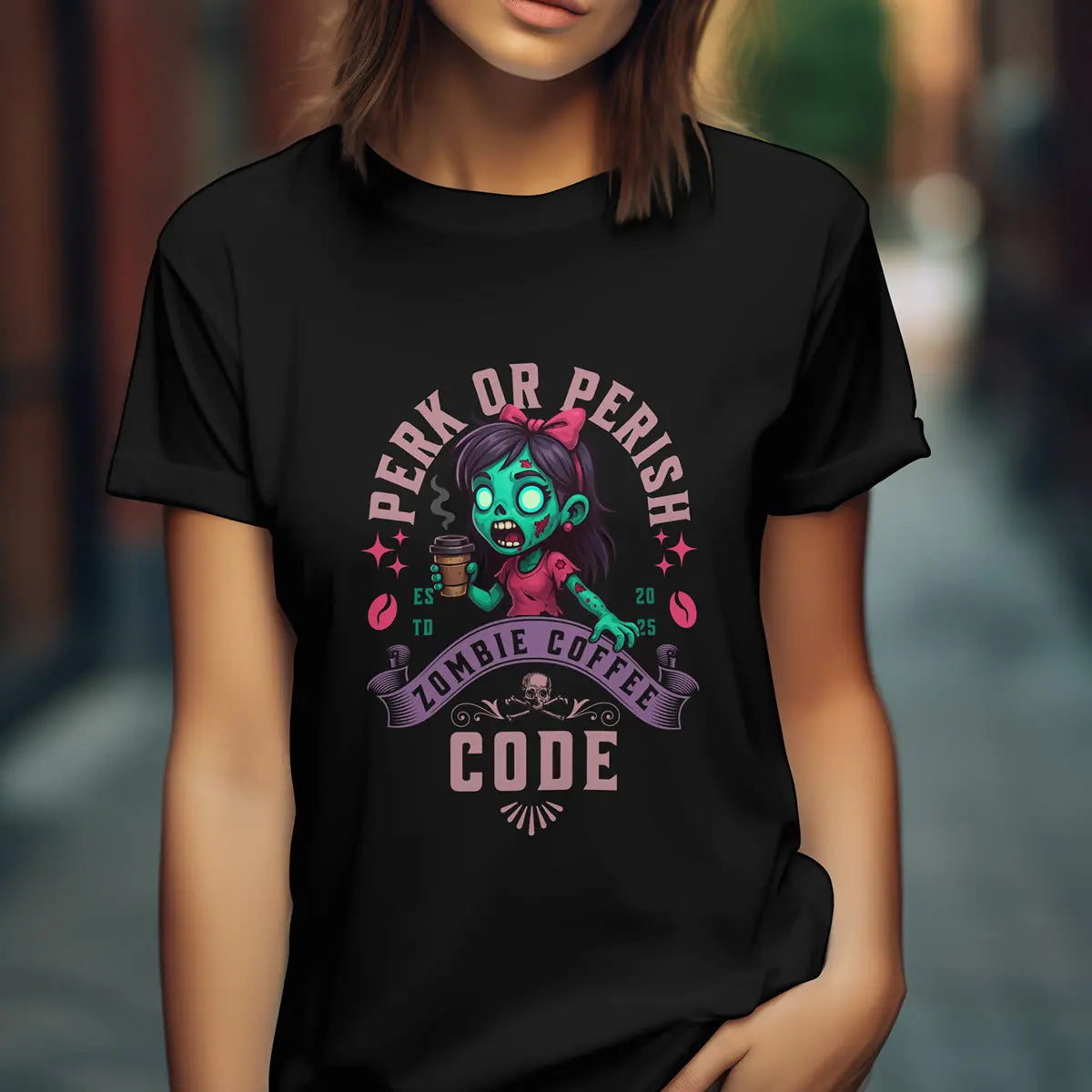 Perk or Perish T-Shirt – Zombie Coffee Code Printify