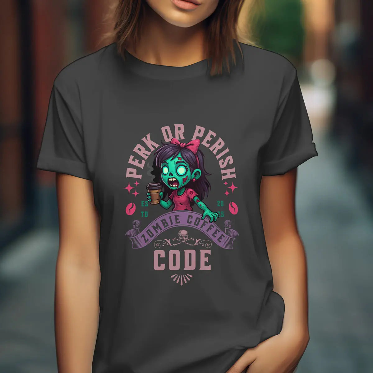 Perk or Perish T-Shirt – Zombie Coffee Code Printify