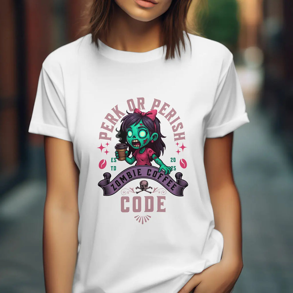 Perk or Perish T-Shirt – Zombie Coffee Code Printify