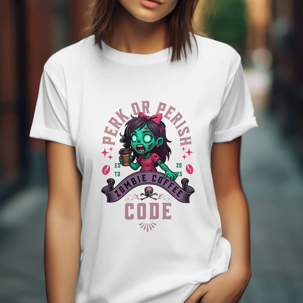 Perk or Perish T-Shirt – Zombie Coffee Code Printify