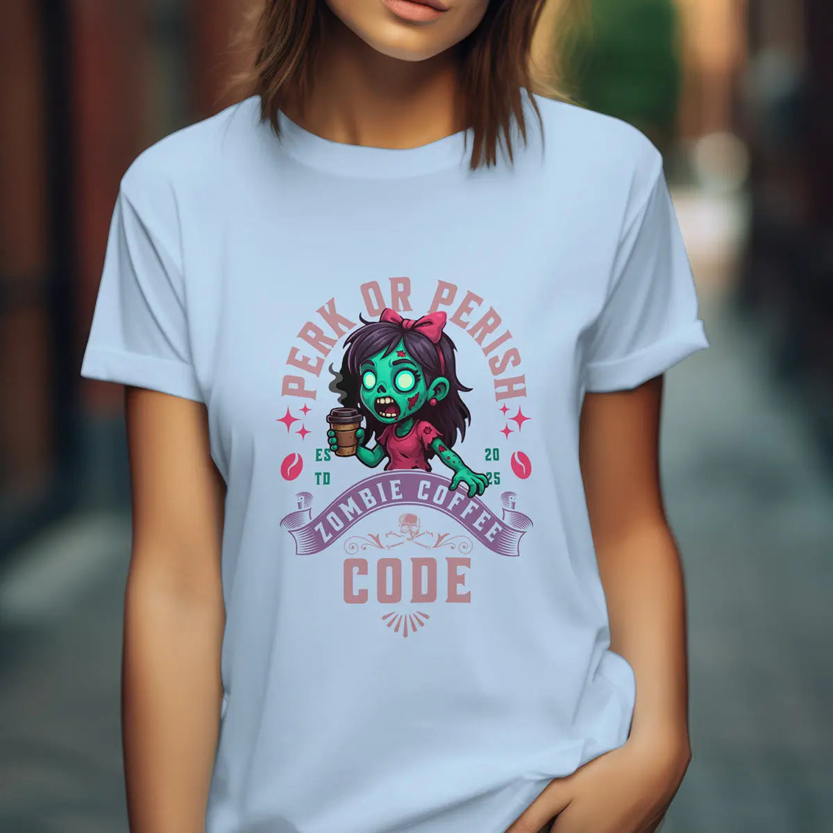 Perk or Perish T-Shirt – Zombie Coffee Code Printify