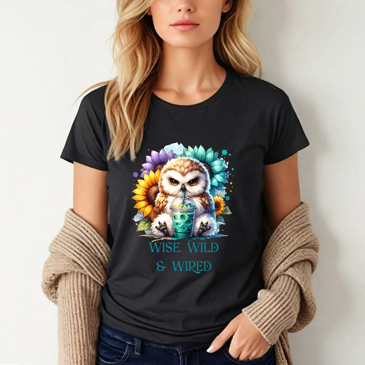 Wise Wild Owl T-Shirt – “Wise, Wild and Wired” Sunflower Owl Tee Printify