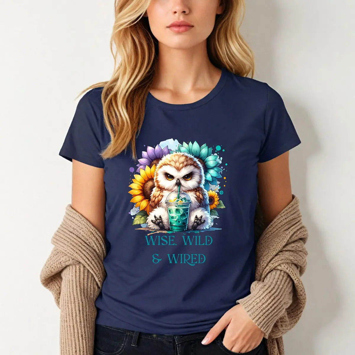 Wise Wild Owl T-Shirt – “Wise, Wild and Wired” Sunflower Owl Tee Printify