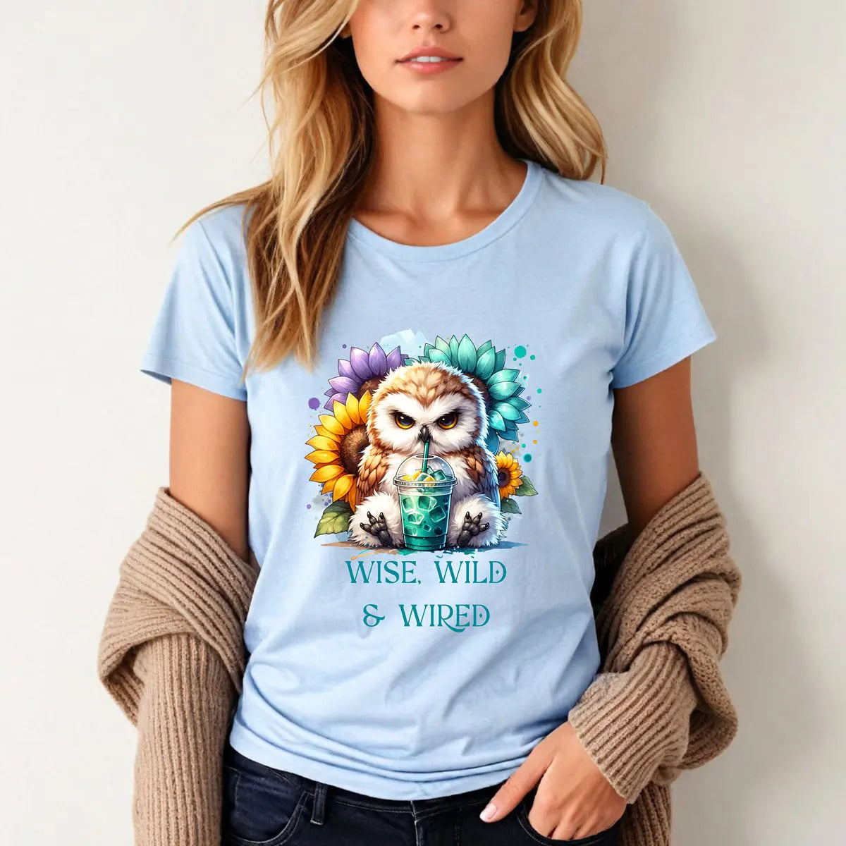 Wise Wild Owl T-Shirt – “Wise, Wild and Wired” Sunflower Owl Tee Printify