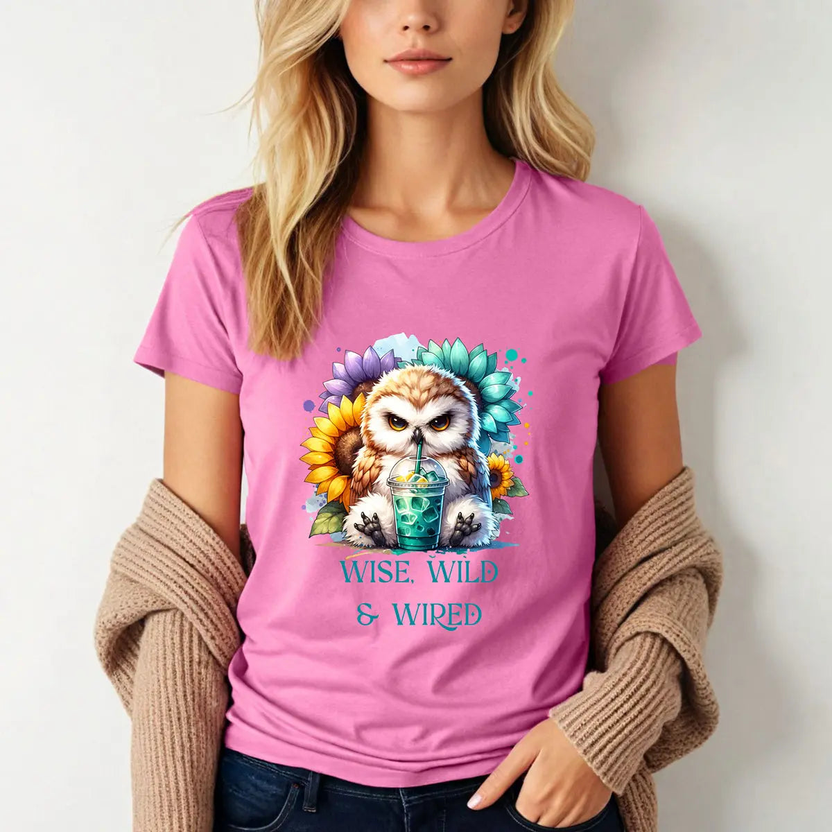 Wise Wild Owl T-Shirt – “Wise, Wild and Wired” Sunflower Owl Tee Printify