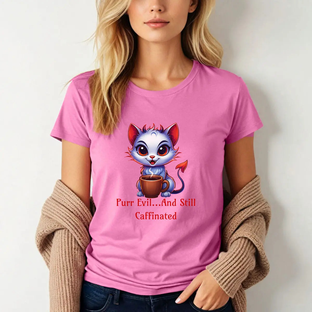 Purr Evil T-Shirt - “Purr Evil and Still Caffeinated” Printify