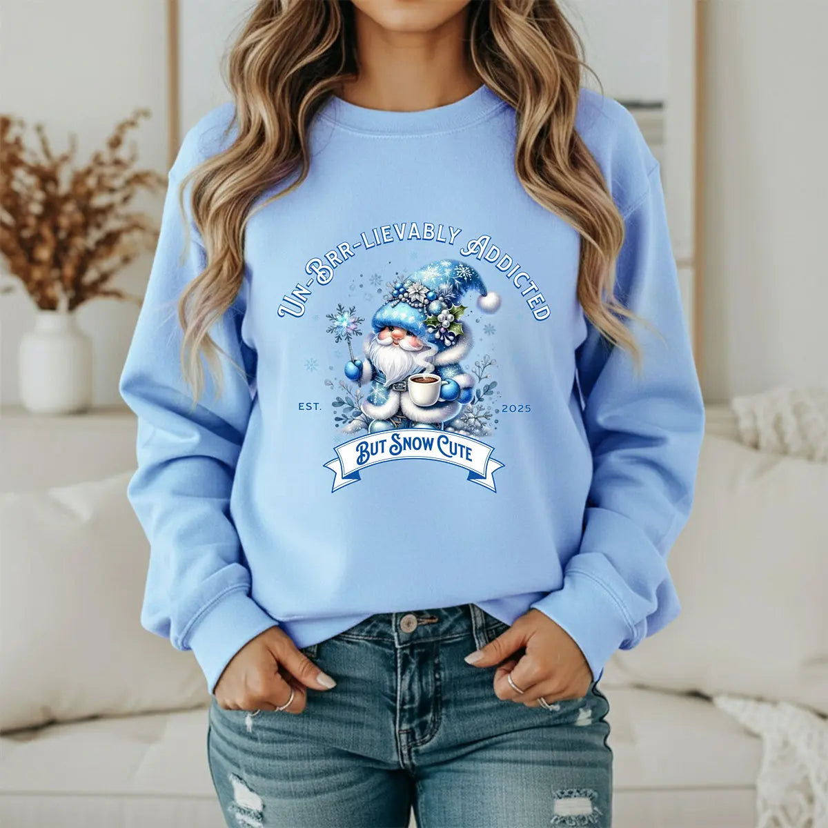 Unbrr-lievalby Addicted Sweatshirt - cute gnome with magic wand holding coffee winter shirt Printify