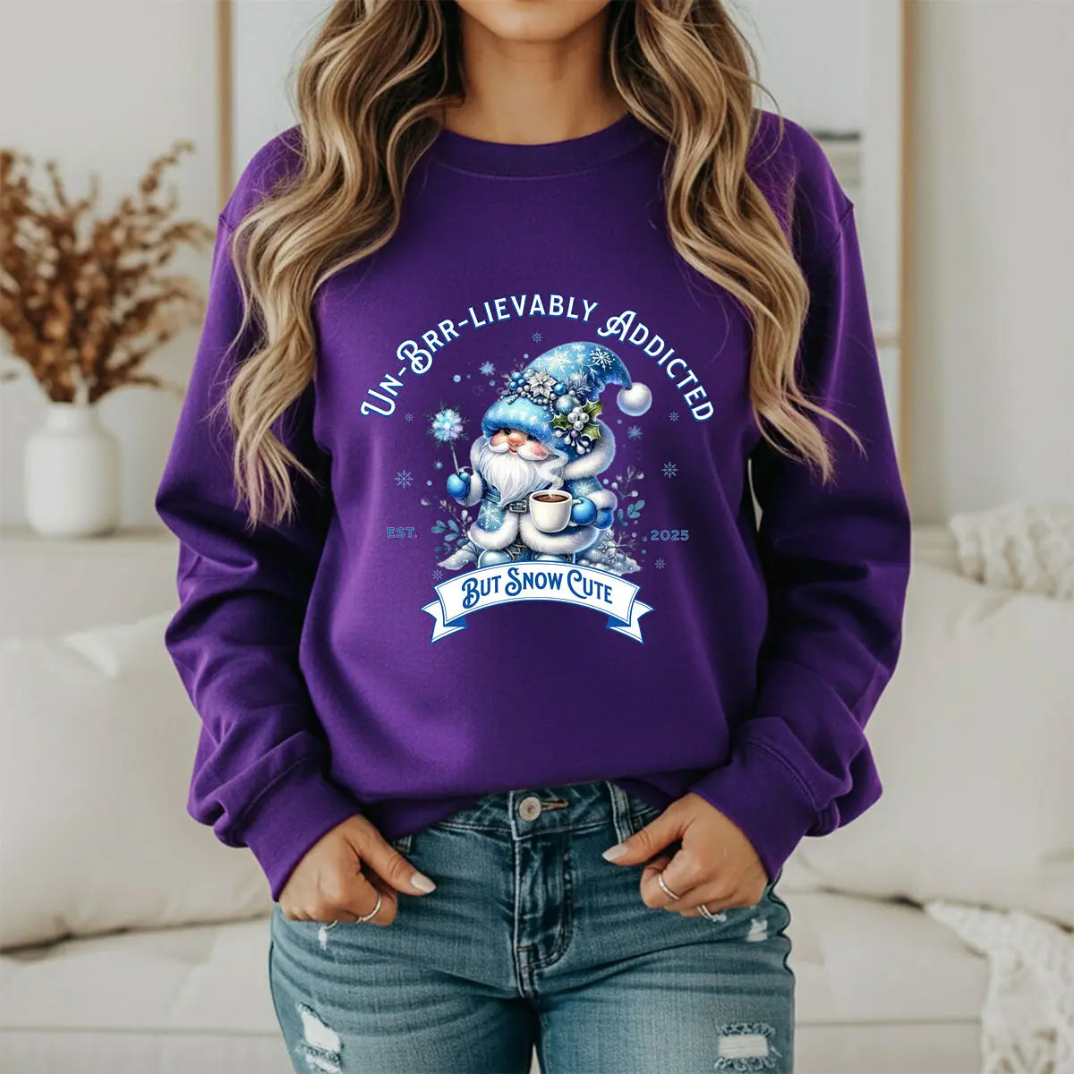 Unbrr-lievalby Addicted Sweatshirt - cute gnome with magic wand holding coffee winter shirt Printify