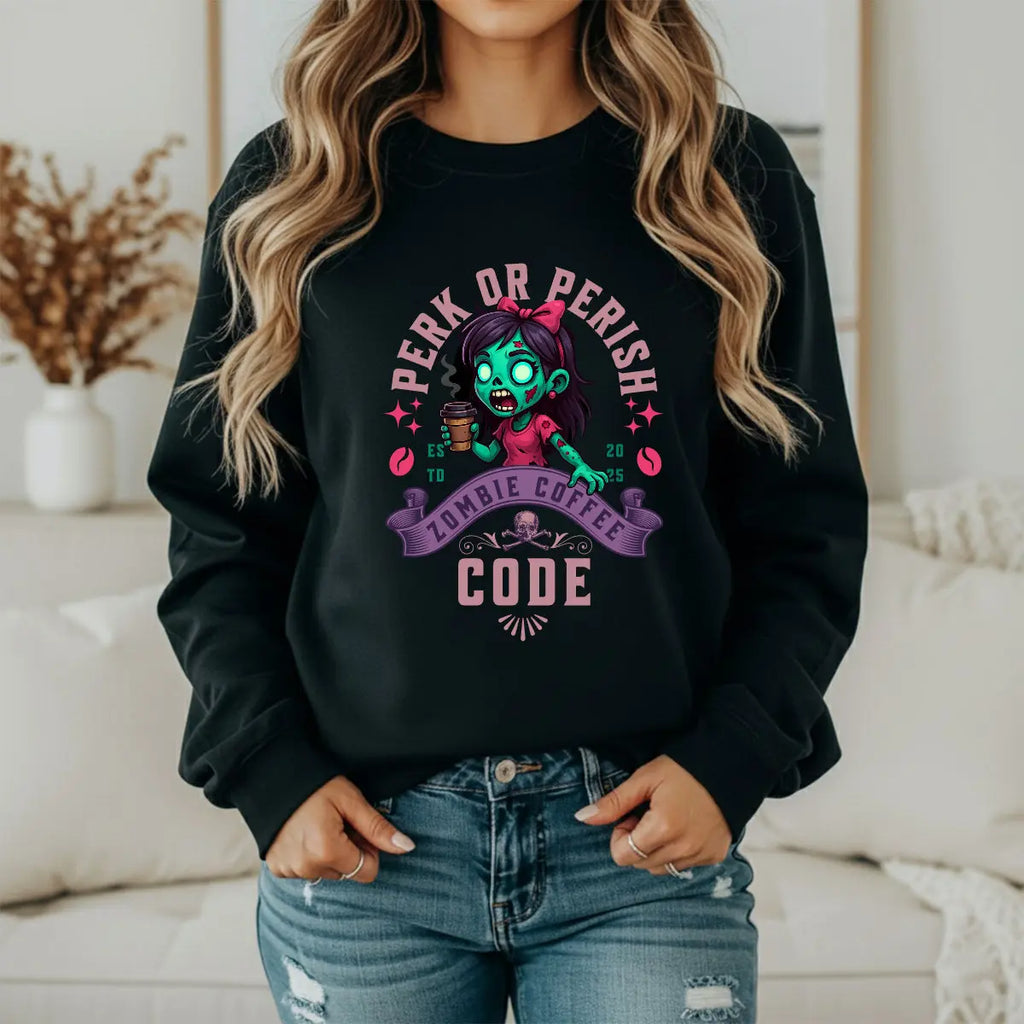Perk or Perish Zombie Sweatshirt - Cute zombie coffee graphic tee - Boldly Bitter Company