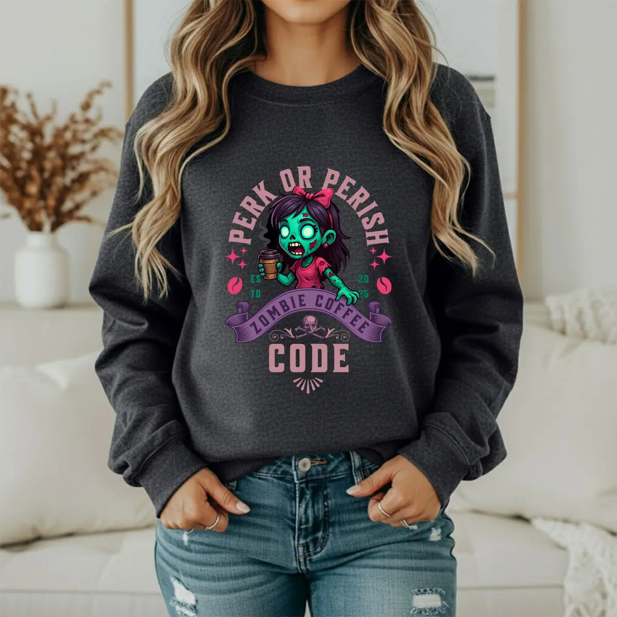 Perk or Perish Zombie Sweatshirt - Cute zombie coffee graphic tee - Boldly Bitter Company
