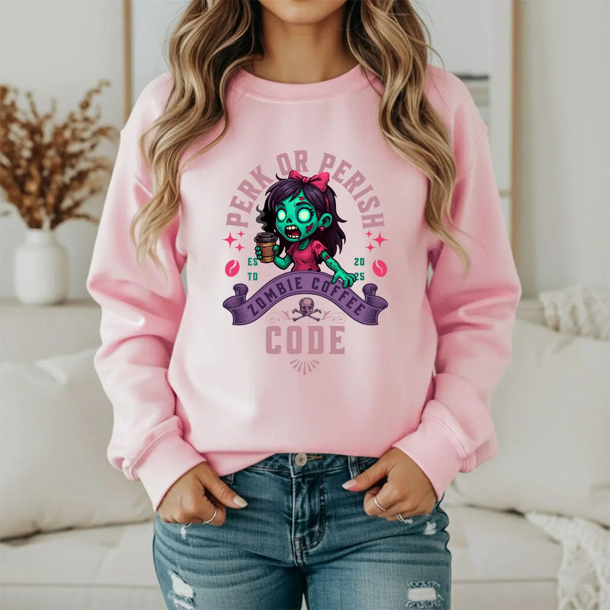 Perk or Perish Zombie Sweatshirt - Cute zombie coffee graphic tee - Boldly Bitter Company