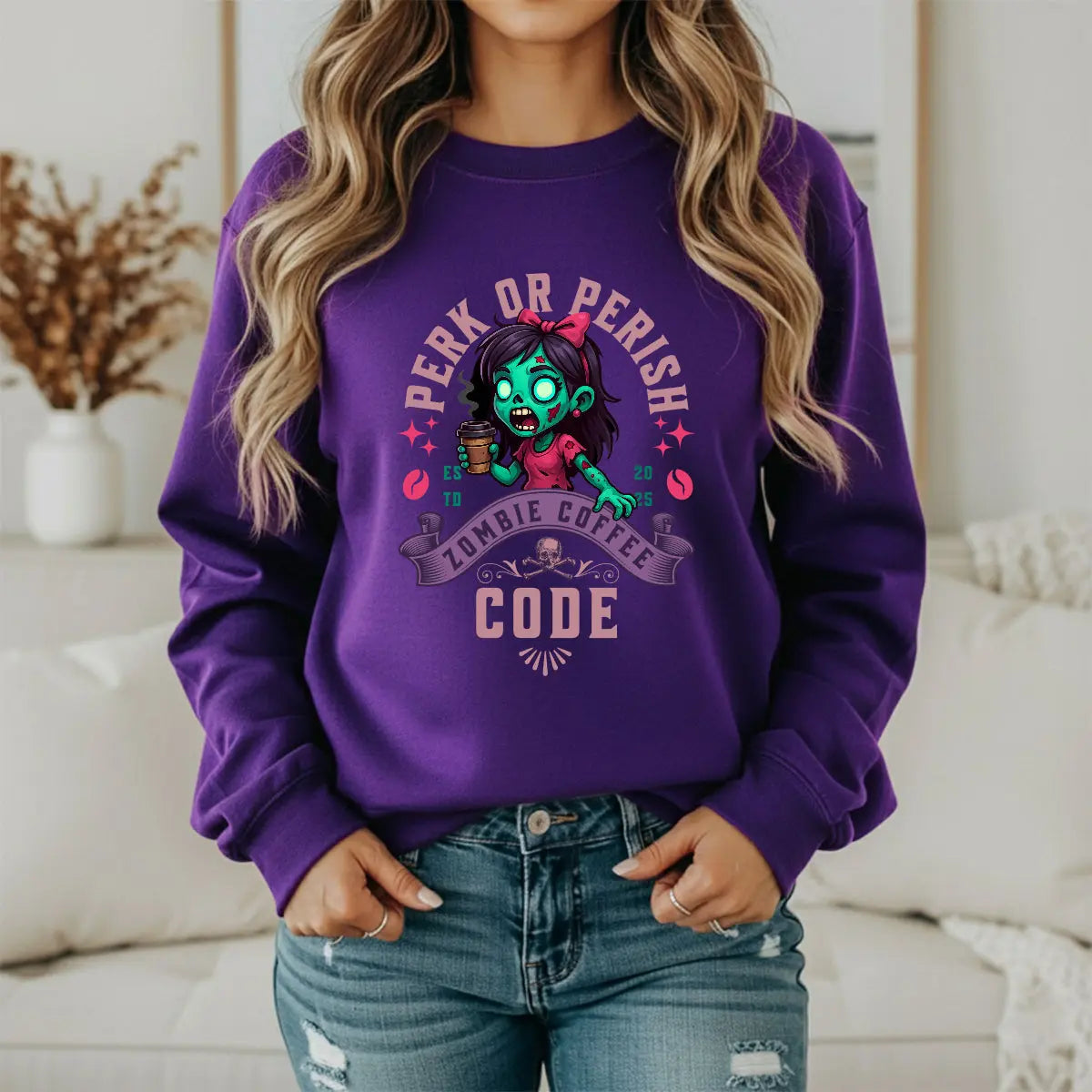 Perk or Perish Zombie Sweatshirt - Cute zombie coffee graphic tee - Boldly Bitter Company
