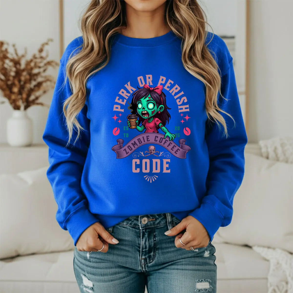 Perk or Perish Zombie Sweatshirt - Cute zombie coffee graphic tee - Boldly Bitter Company