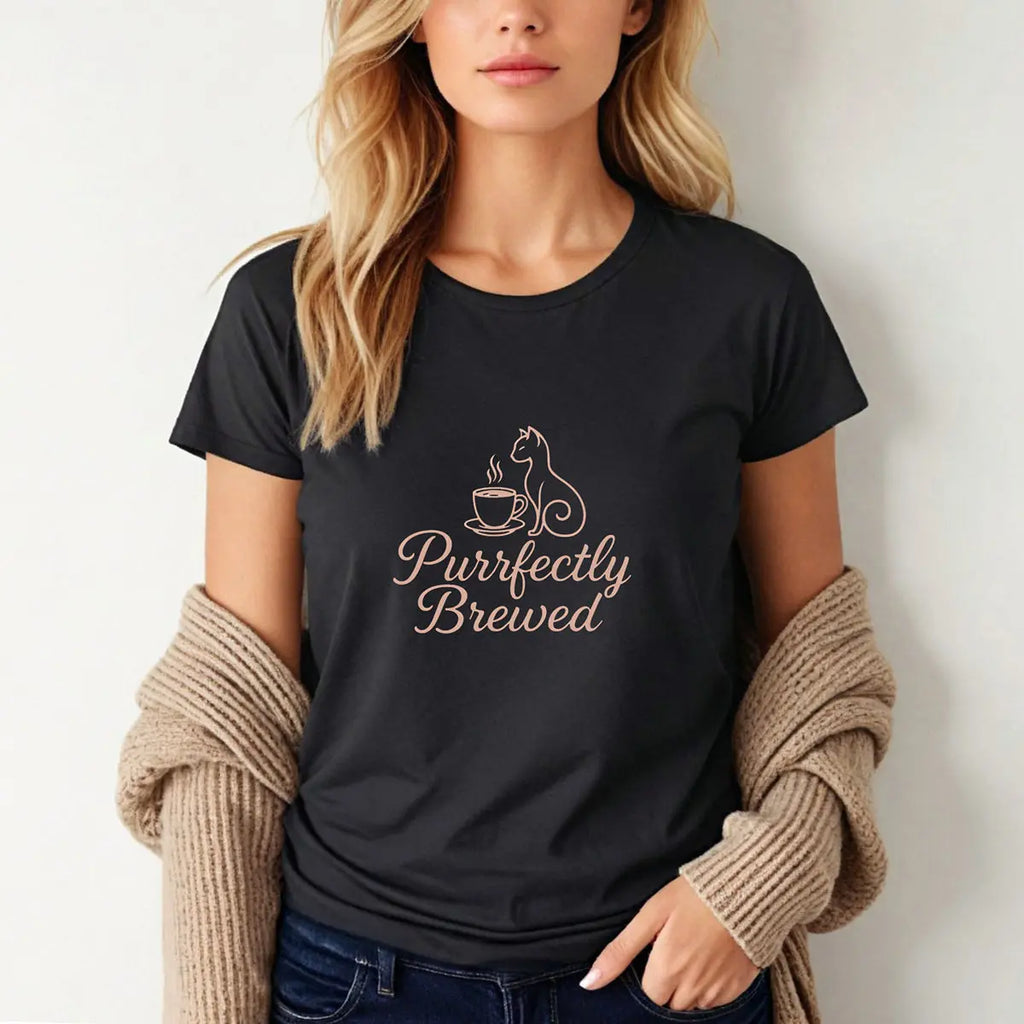Purrfectly Brewed Tee — Women's Cat Coffee Lovers Shirt Printify