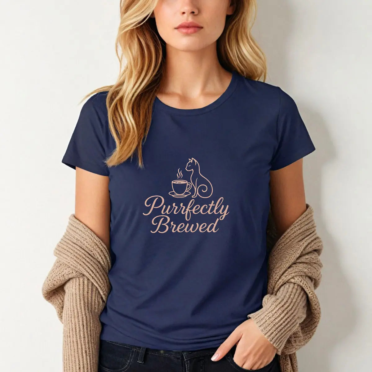 Purrfectly Brewed Tee — Women's Cat Coffee Lovers Shirt Printify